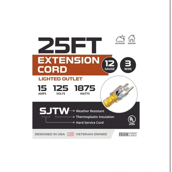 🆕IRON FORGE CABLE 25 ft Lighted Outdoor Extension Cord - 12/3 SJTW Heavy… - Picture 2 of 8